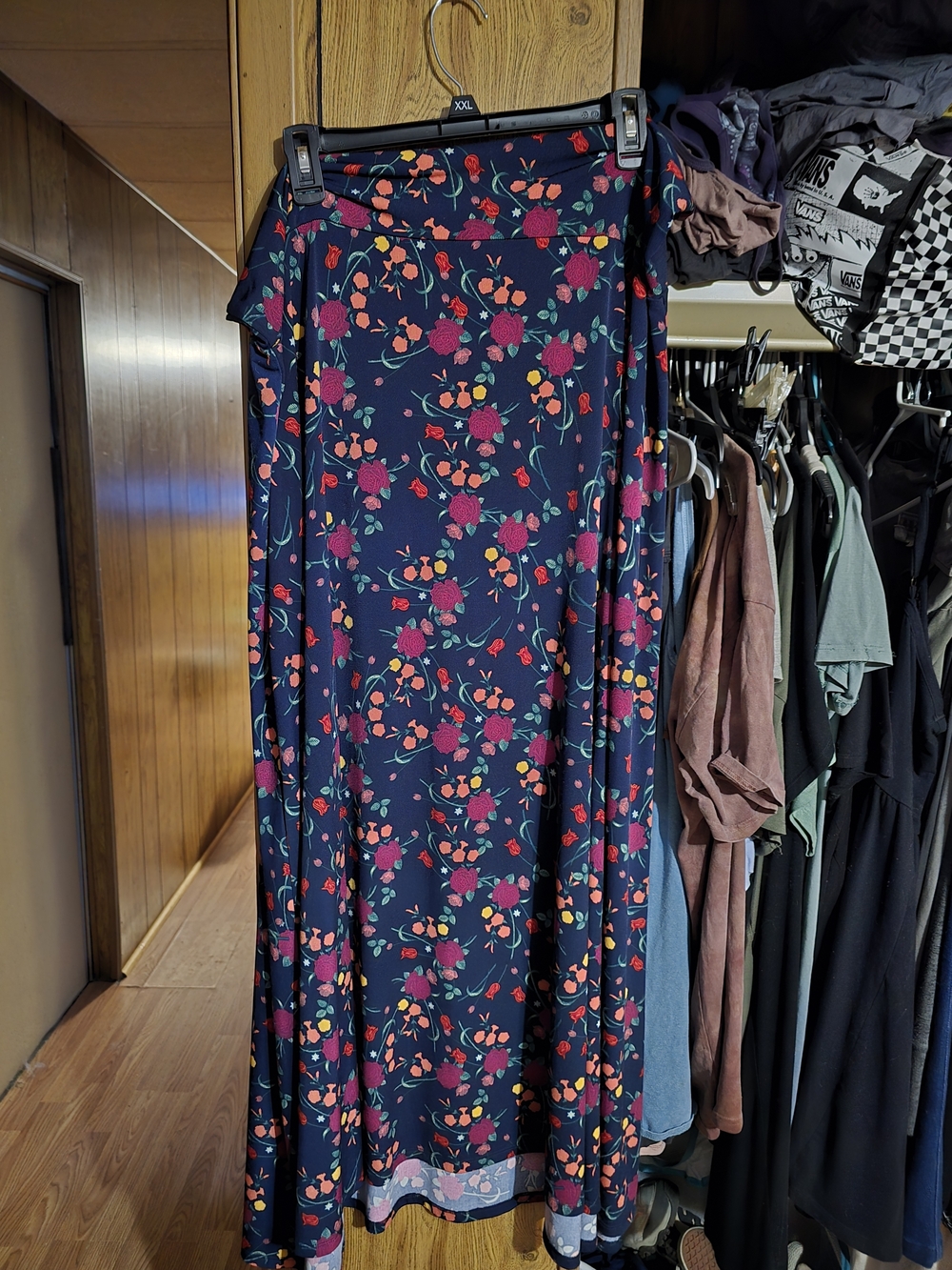 LuLaRoe Navy Maxi Skirt with Pink and Orange Floral Print